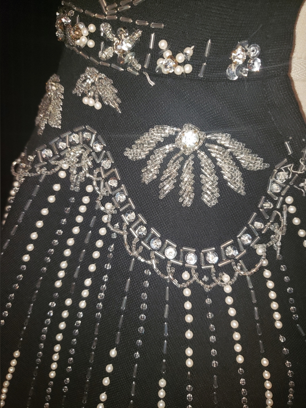 Vintage Late 60's Made In Hong Kong 100% Wool Crystals Faux Pearls Peplum Dress